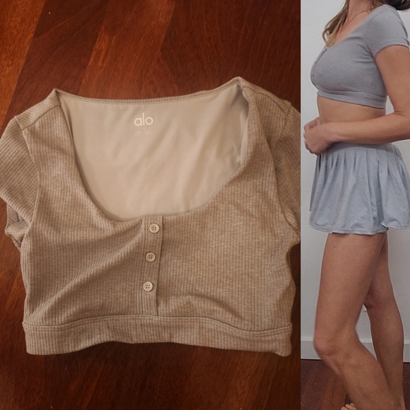 SET: Alo tenniscore Skirt SET: gray blissful Henley top + skirt skort s - Picture 4 of 6